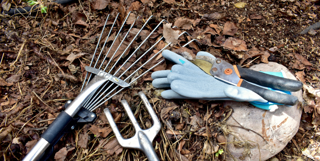 Collection of tools used for spring clean up around the home.